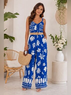 Blue Floral Wide-Leg Jumpsuit